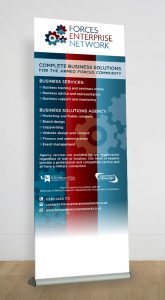 Roller banner for FEN, red and blue business banner